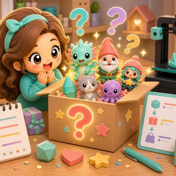 Cartoon kawaii illustration of a mystery box filled with surprise 3D printed figurines.