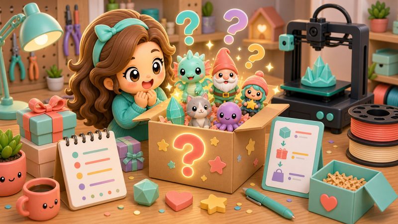 Cartoon kawaii illustration of a mystery box filled with surprise 3D printed figurines.