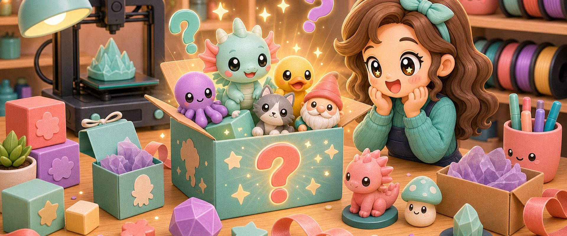 Illustration kawaii d'une boite mystere avec des figurines imprimees en 3D.