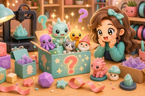 Illustration kawaii d'une boite mystere avec des figurines imprimees en 3D.