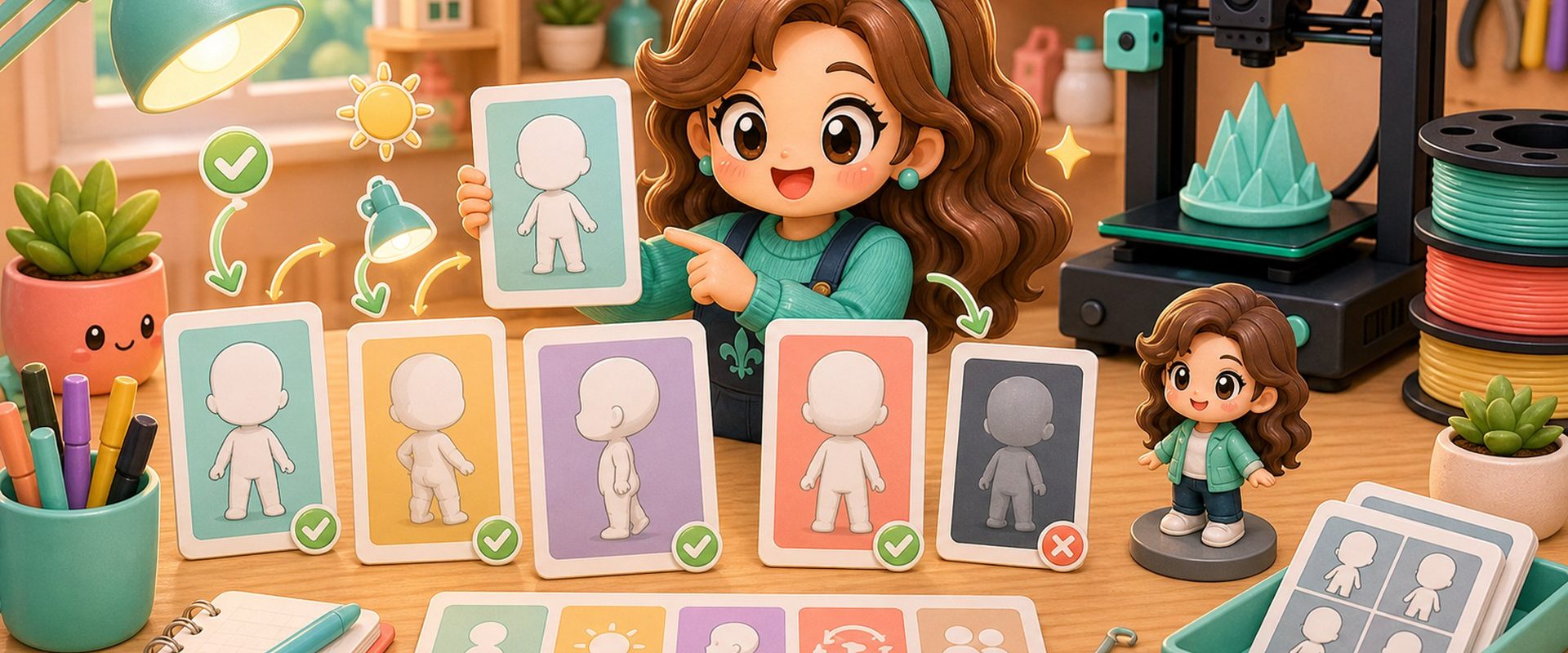 Cartoon kawaii illustration of photo cards, lighting, and a custom figurine workflow.
