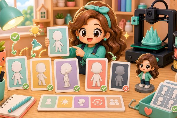 Cartoon kawaii illustration of photo cards, lighting, and a custom figurine workflow.