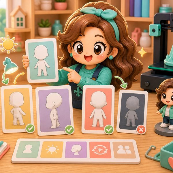Cartoon kawaii illustration of photo cards, lighting, and a custom figurine workflow.