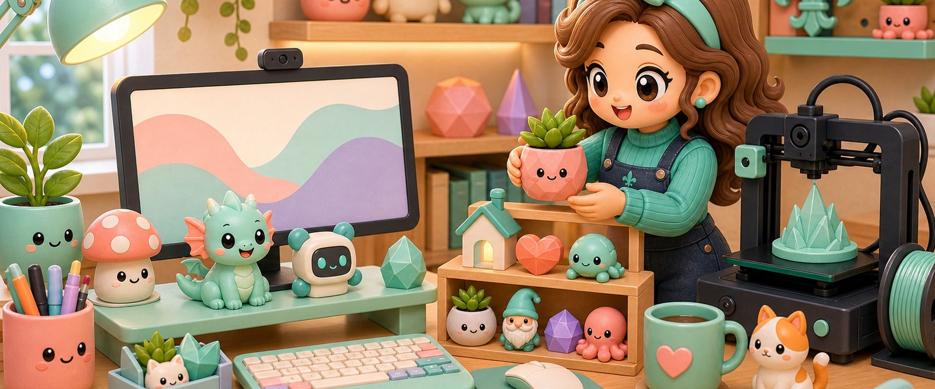 Cartoon kawaii illustration of curated 3D printed desk decor in a cozy workspace.