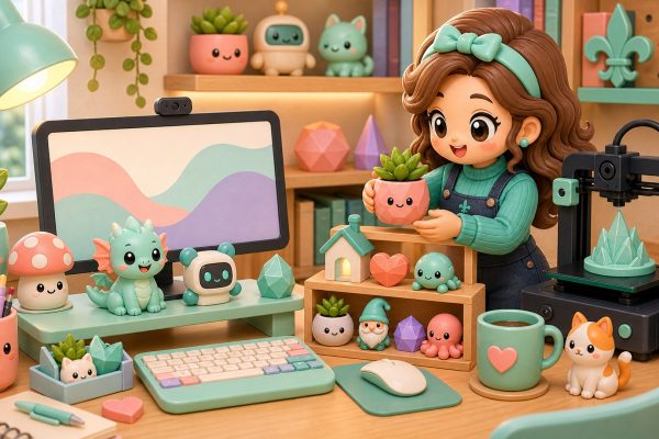 Cartoon kawaii illustration of curated 3D printed desk decor in a cozy workspace.