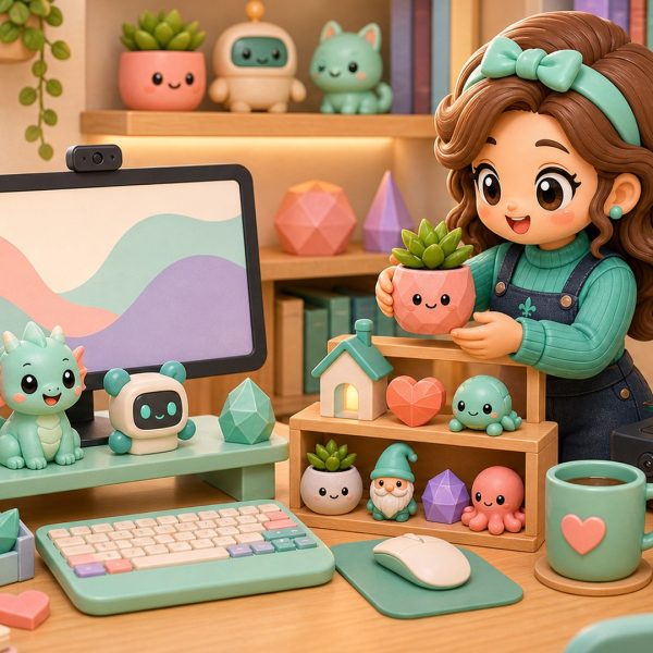 Cartoon kawaii illustration of curated 3D printed desk decor in a cozy workspace.