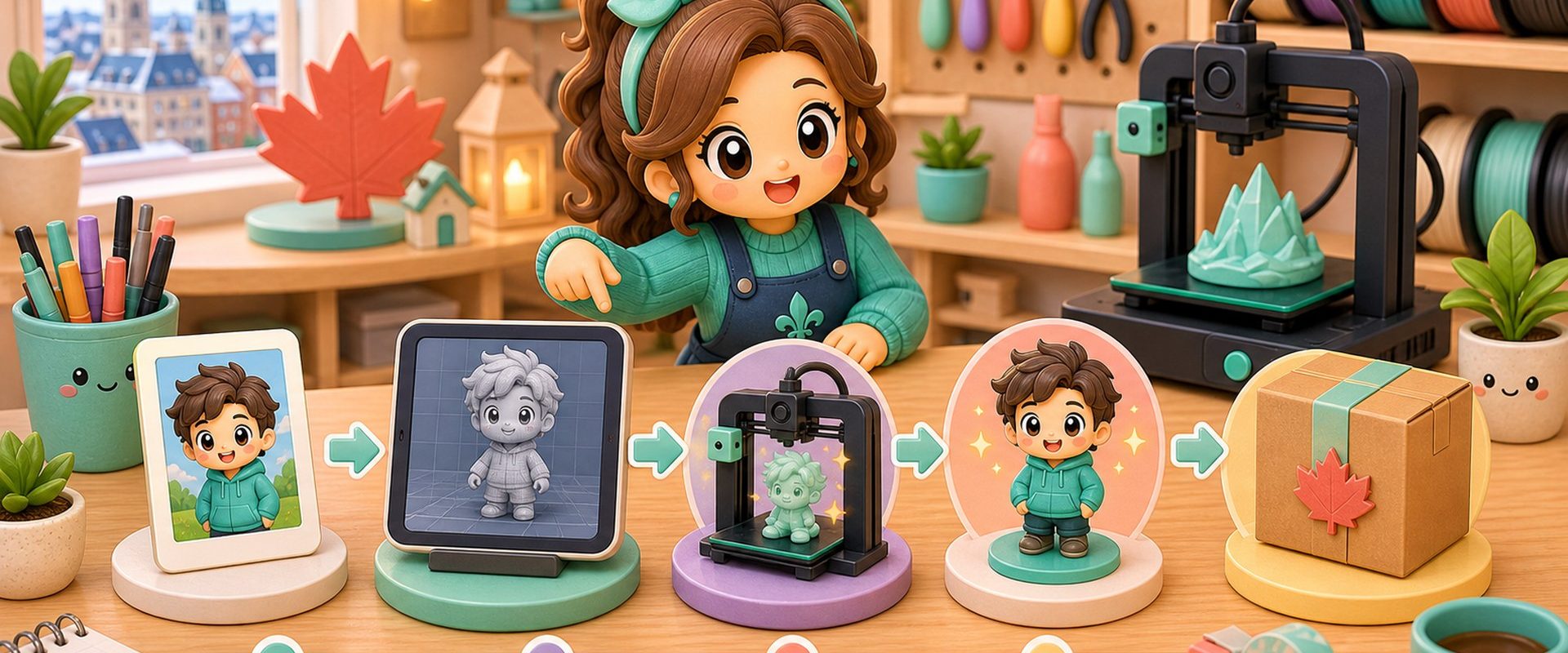 Cartoon kawaii illustration of a custom figurine workflow from photo to print to shipping.