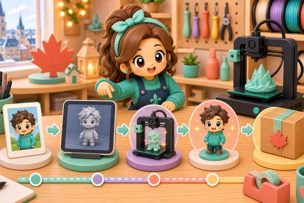 Cartoon kawaii illustration of a custom figurine workflow from photo to print to shipping.