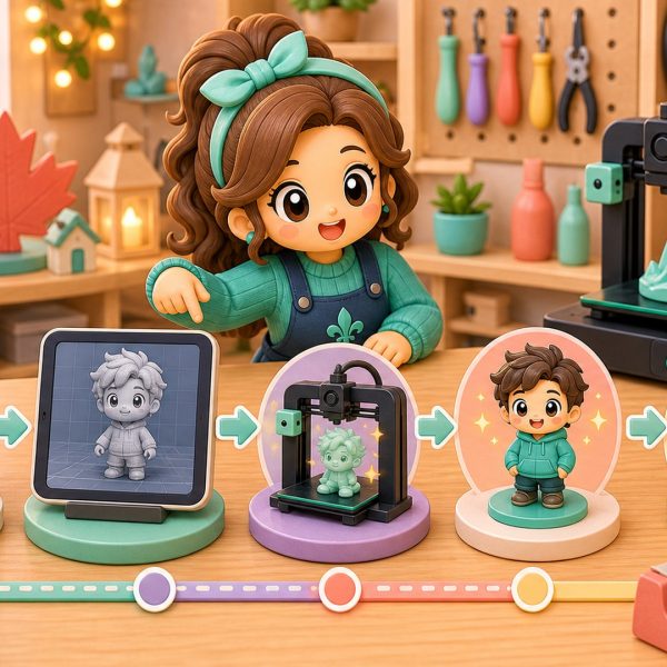 Cartoon kawaii illustration of a custom figurine workflow from photo to print to shipping.