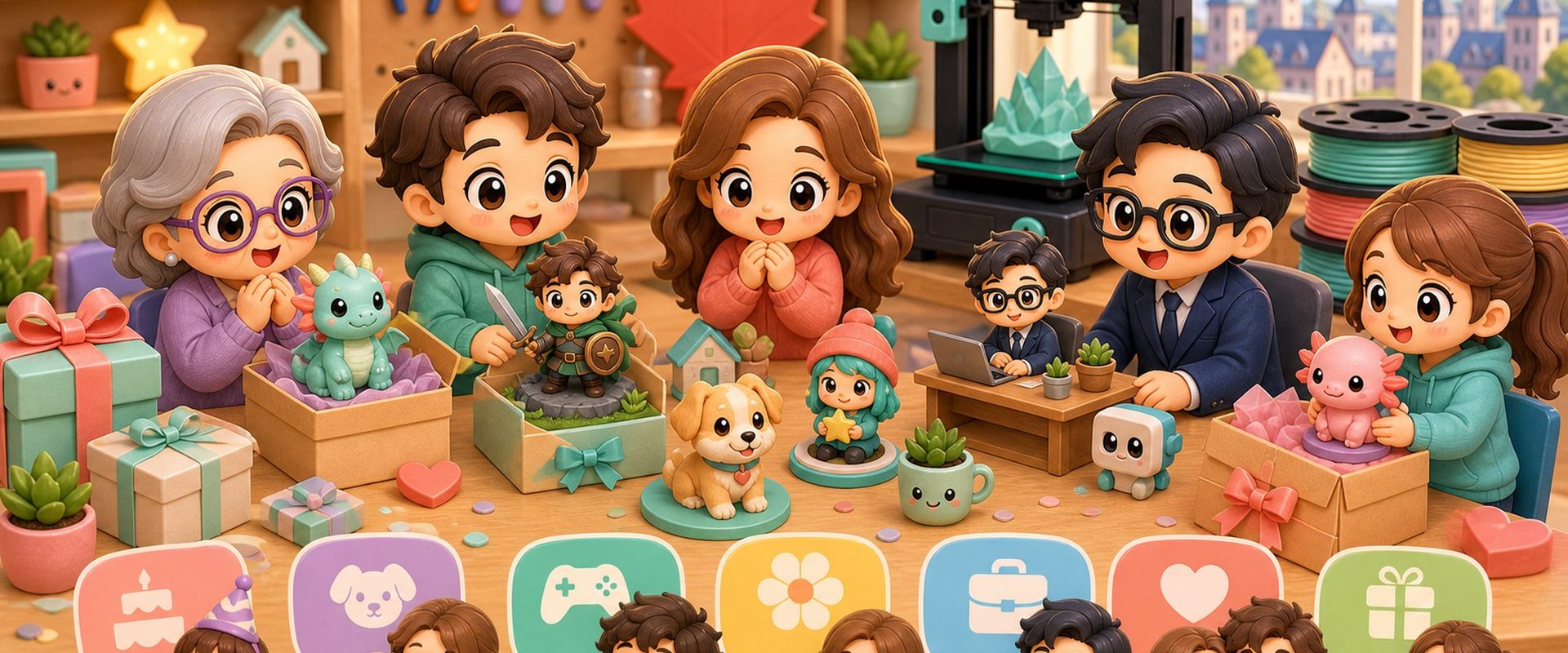 Illustration kawaii d'idees de cadeaux imprimes en 3D au Canada pour differentes occasions.