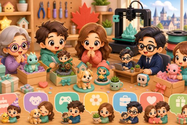 Illustration kawaii d'idees de cadeaux imprimes en 3D au Canada pour differentes occasions.