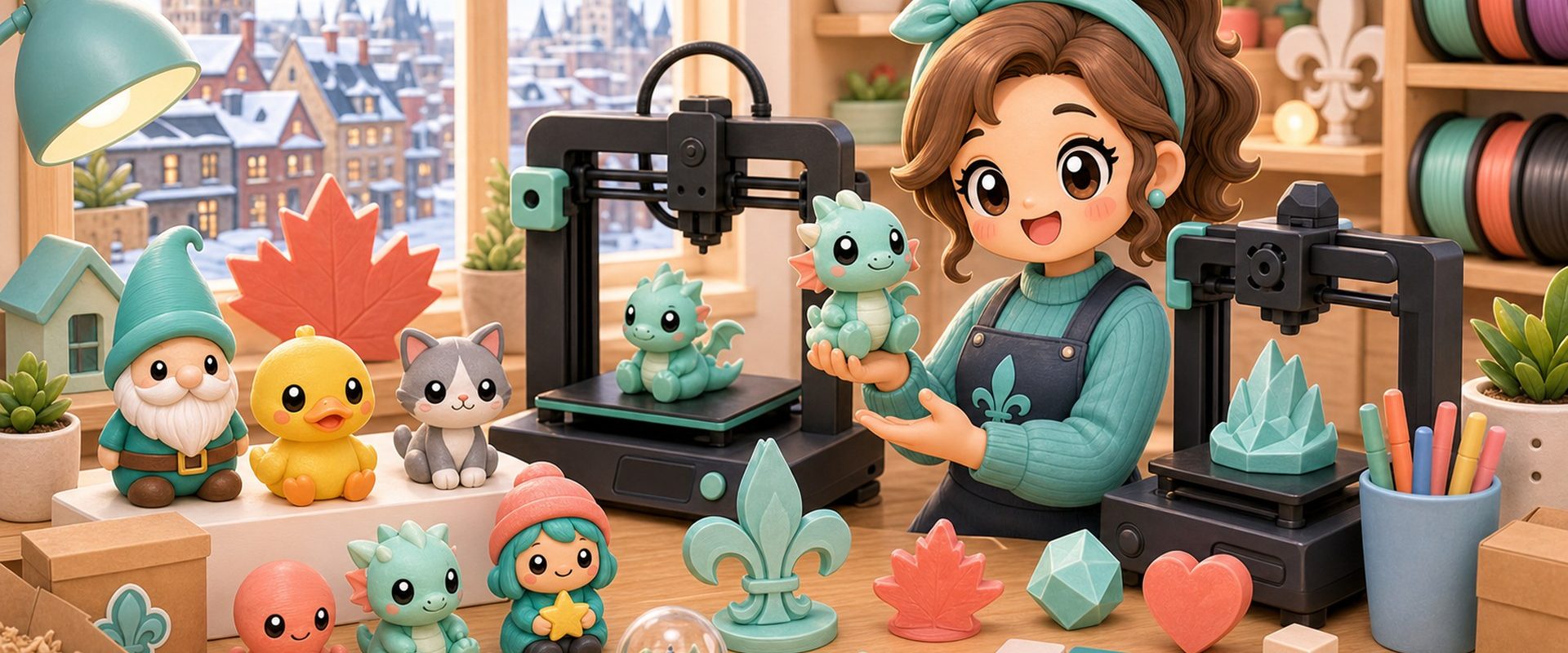 Cartoon kawaii illustration of a Quebec maker studio with a 3D printer and locally made collectibles.