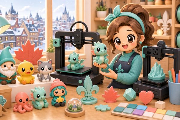 Cartoon kawaii illustration of a Quebec maker studio with a 3D printer and locally made collectibles.