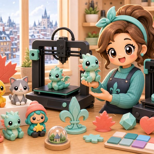 Cartoon kawaii illustration of a Quebec maker studio with a 3D printer and locally made collectibles.