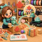 Cartoon kawaii illustration of a Quebec maker packing locally made 3D printed gifts for shipping.