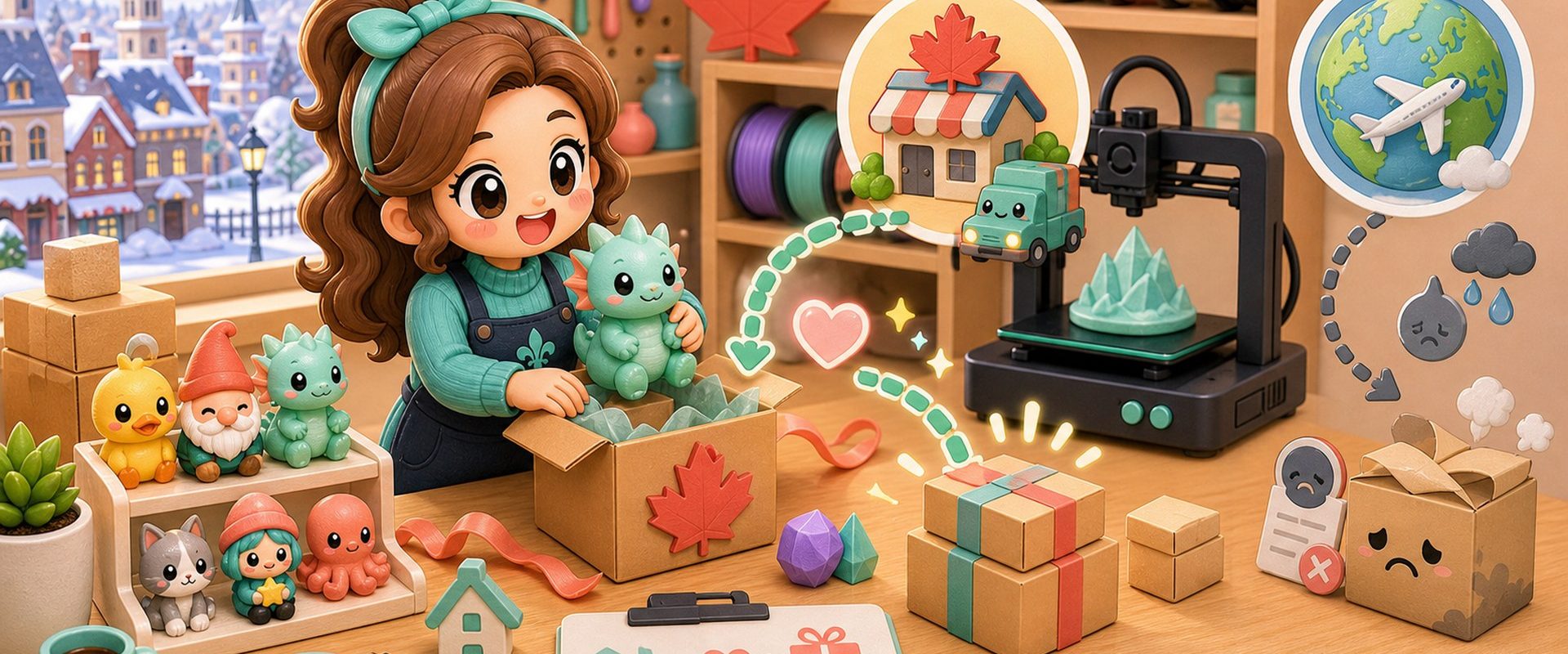 Cartoon kawaii illustration of a Quebec maker packing locally made 3D printed gifts for shipping.