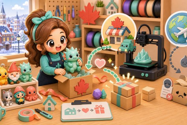 Cartoon kawaii illustration of a Quebec maker packing locally made 3D printed gifts for shipping.