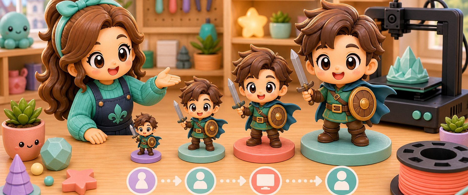 Cartoon kawaii illustration comparing different 3D printed figurine sizes on a maker desk.