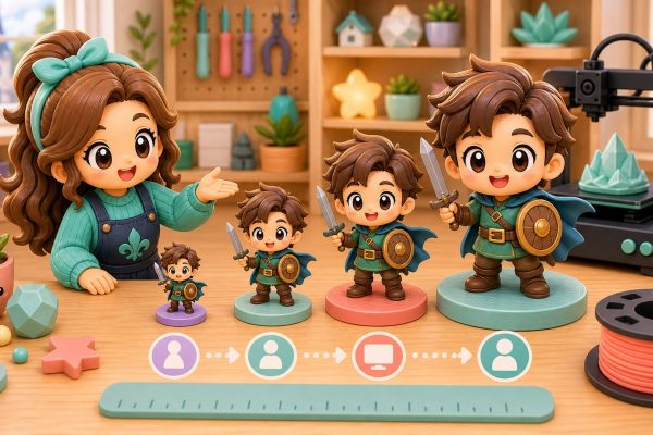 Cartoon kawaii illustration comparing different 3D printed figurine sizes on a maker desk.