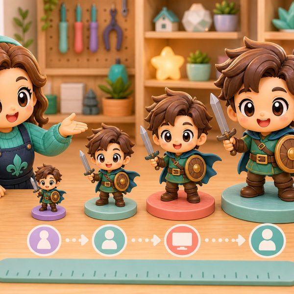 Cartoon kawaii illustration comparing different 3D printed figurine sizes on a maker desk.