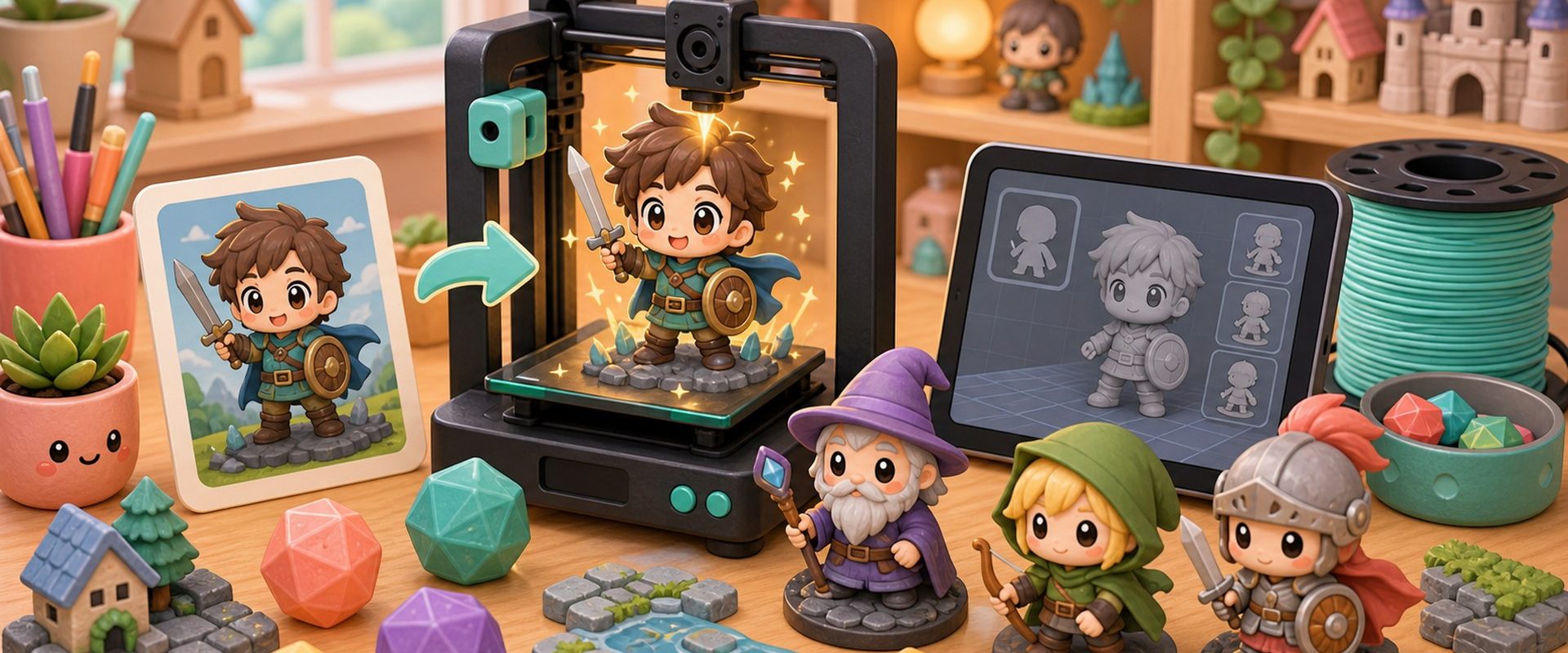 Cartoon kawaii illustration of a custom tabletop miniature emerging from a 3D printer.
