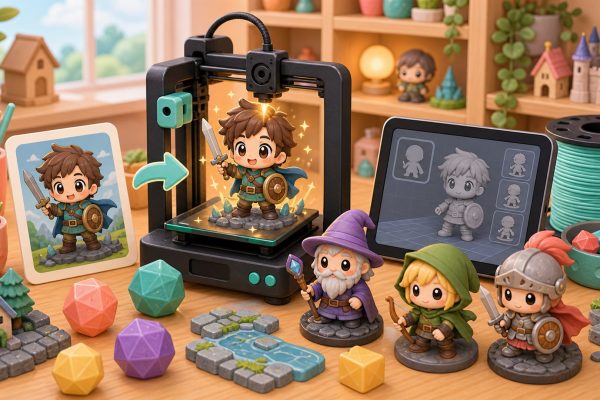 Cartoon kawaii illustration of a custom tabletop miniature emerging from a 3D printer.