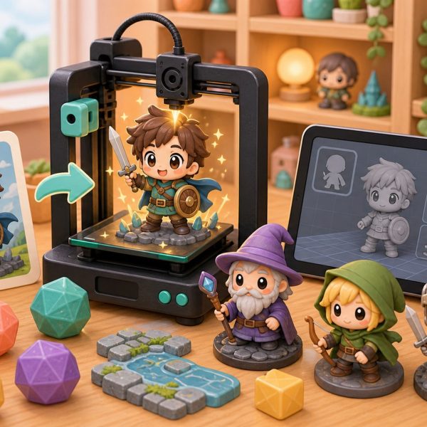 Cartoon kawaii illustration of a custom tabletop miniature emerging from a 3D printer.