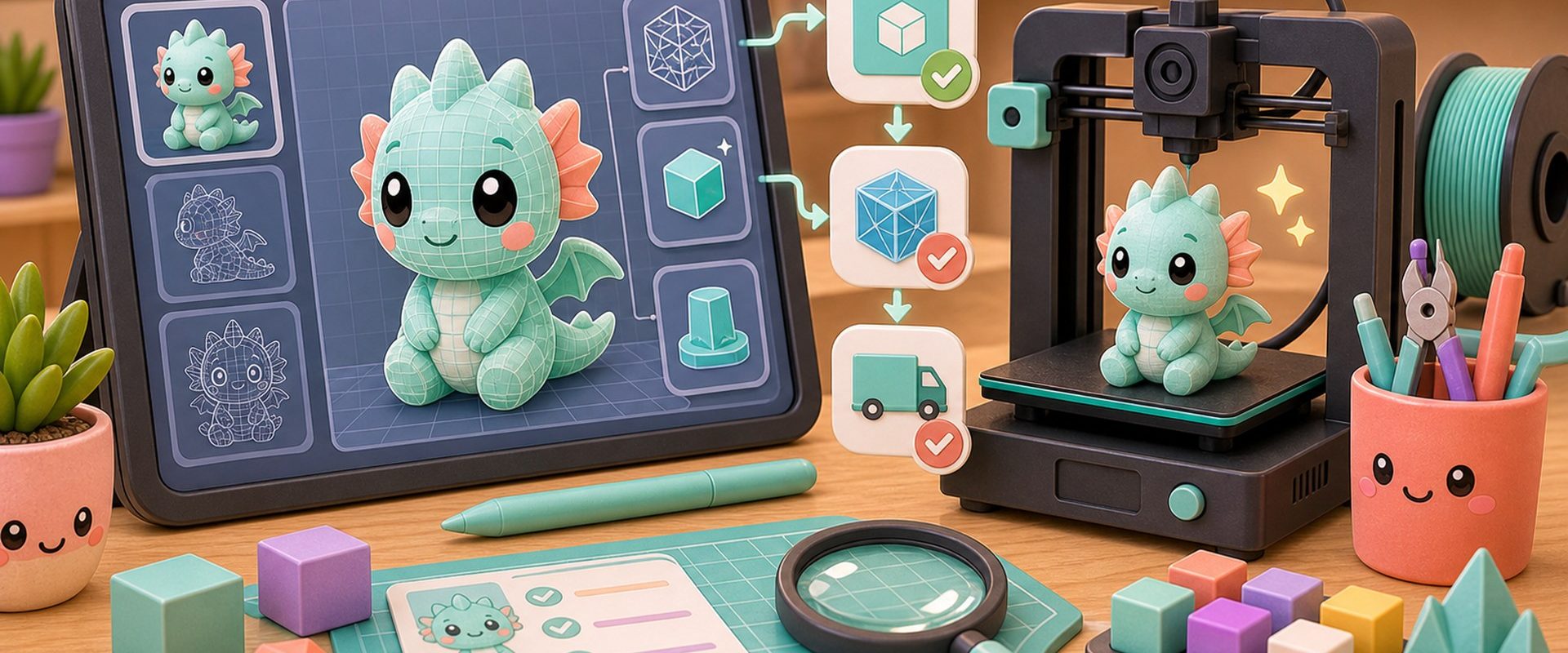 Cartoon kawaii illustration of a 3D model on a tablet, a printer, and file-prep tools.