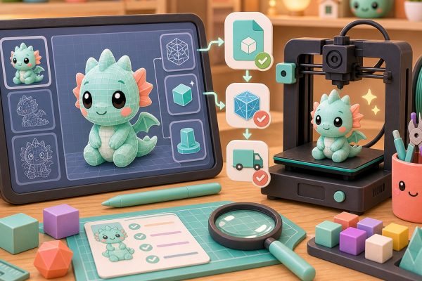 Cartoon kawaii illustration of a 3D model on a tablet, a printer, and file-prep tools.
