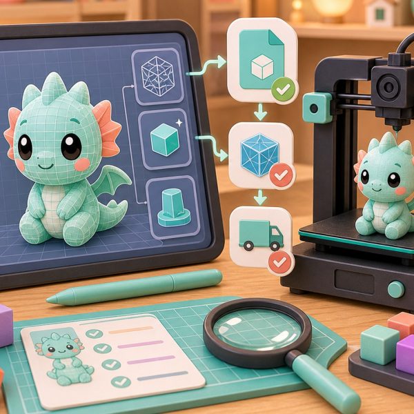 Cartoon kawaii illustration of a 3D model on a tablet, a printer, and file-prep tools.