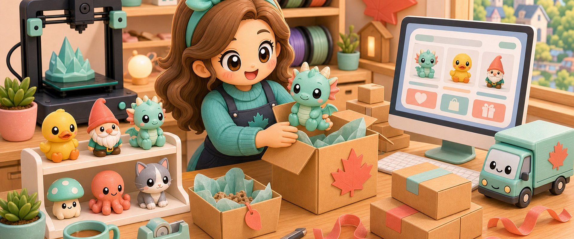Cartoon kawaii illustration of an online packing desk for Canadian-made 3D printed gifts.