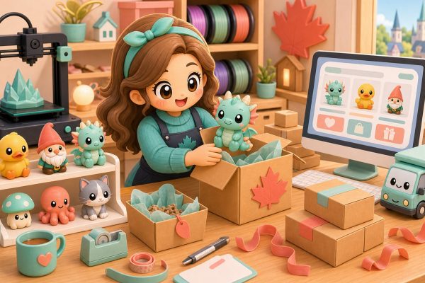 Cartoon kawaii illustration of an online packing desk for Canadian-made 3D printed gifts.