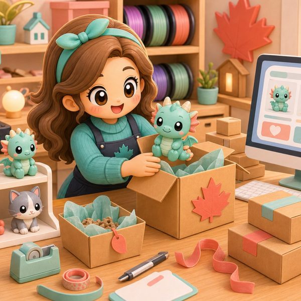 Cartoon kawaii illustration of an online packing desk for Canadian-made 3D printed gifts.