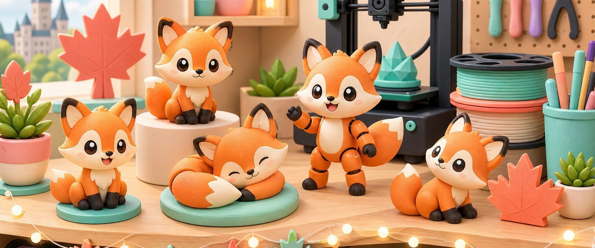 Cartoon kawaii illustration of cute 3D printed fox figurines on a maker studio shelf.