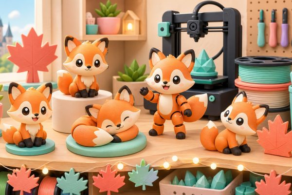 Cartoon kawaii illustration of cute 3D printed fox figurines on a maker studio shelf.