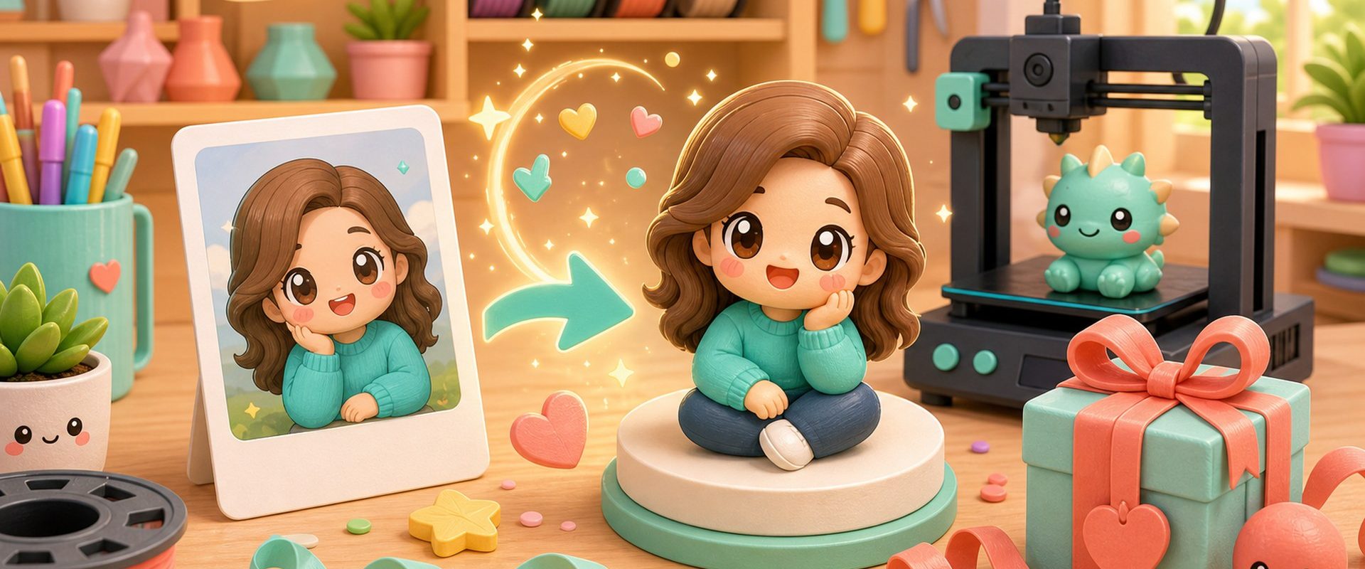 Cartoon kawaii illustration of a photo transforming into a custom 3D printed keepsake figurine.