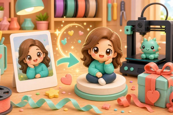 Cartoon kawaii illustration of a photo transforming into a custom 3D printed keepsake figurine.