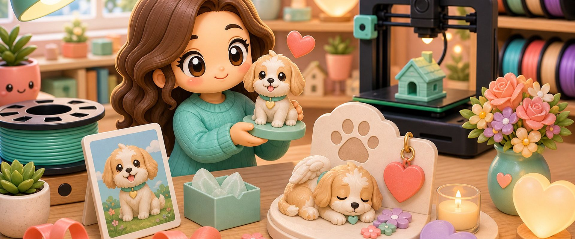 Cartoon kawaii illustration of a custom pet figurine and gentle memorial keepsake scene.