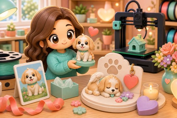 Cartoon kawaii illustration of a custom pet figurine and gentle memorial keepsake scene.
