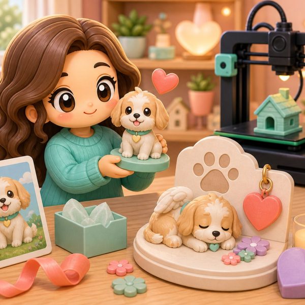 Cartoon kawaii illustration of a custom pet figurine and gentle memorial keepsake scene.