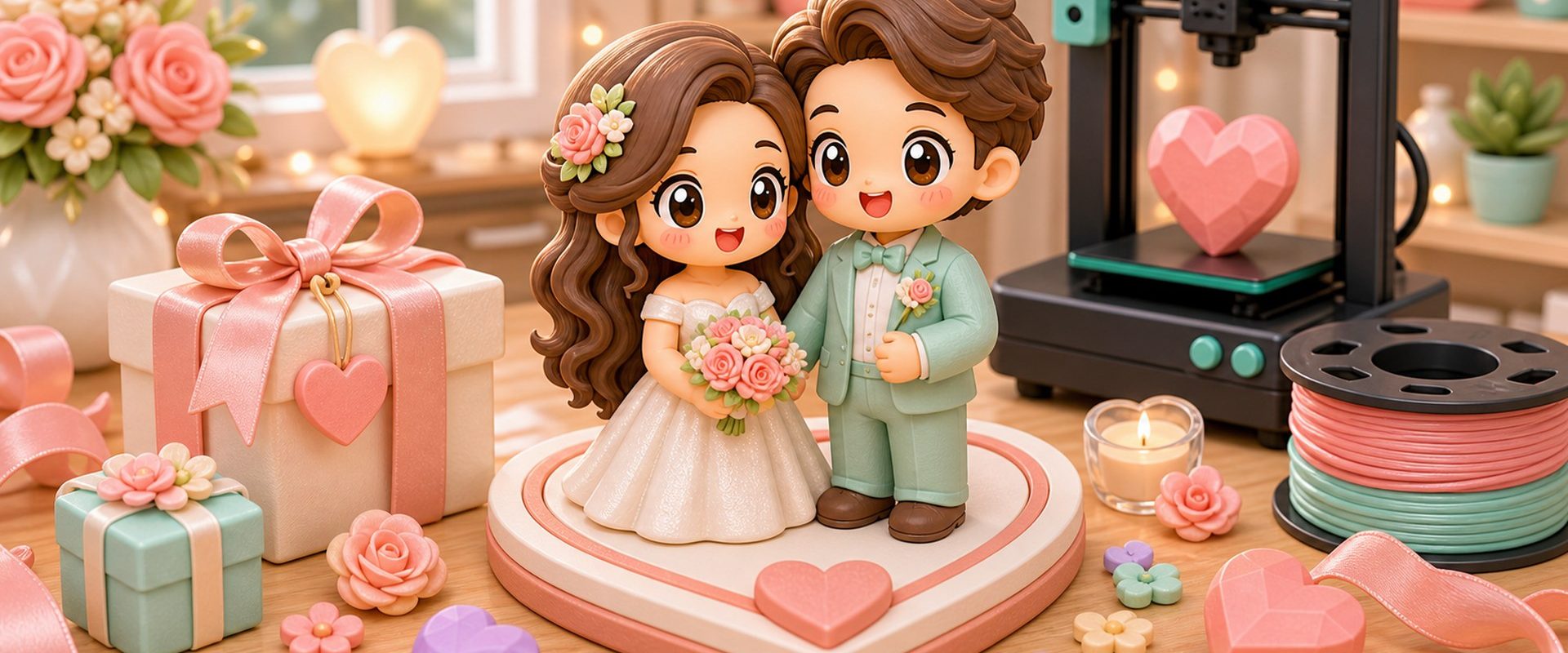 Cartoon kawaii illustration of personalized couple keepsake figurines and wedding gift decor.