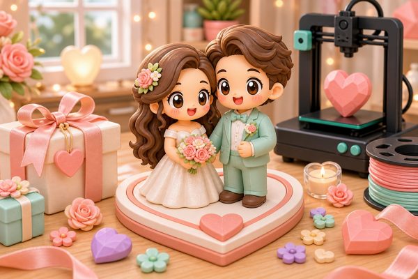 Cartoon kawaii illustration of personalized couple keepsake figurines and wedding gift decor.