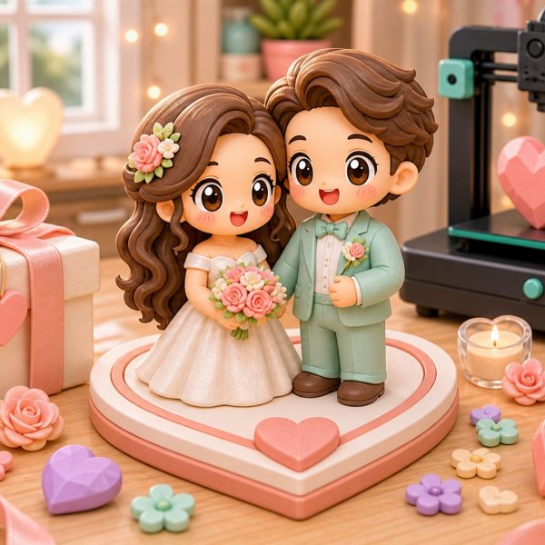 Cartoon kawaii illustration of personalized couple keepsake figurines and wedding gift decor.
