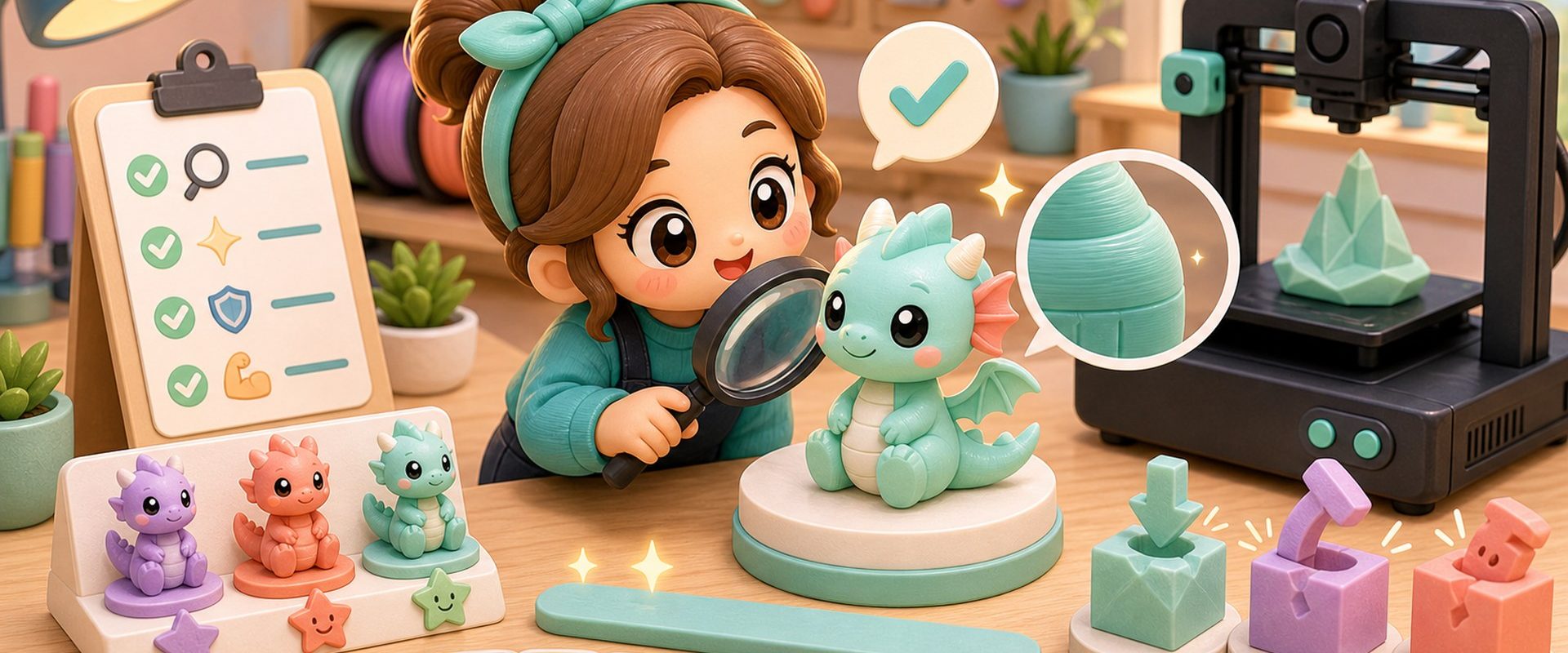 Cartoon kawaii illustration of a maker inspecting a 3D printed figurine with a magnifying glass.