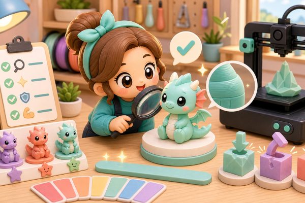 Cartoon kawaii illustration of a maker inspecting a 3D printed figurine with a magnifying glass.