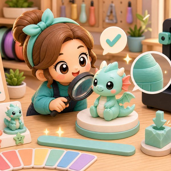 Cartoon kawaii illustration of a maker inspecting a 3D printed figurine with a magnifying glass.