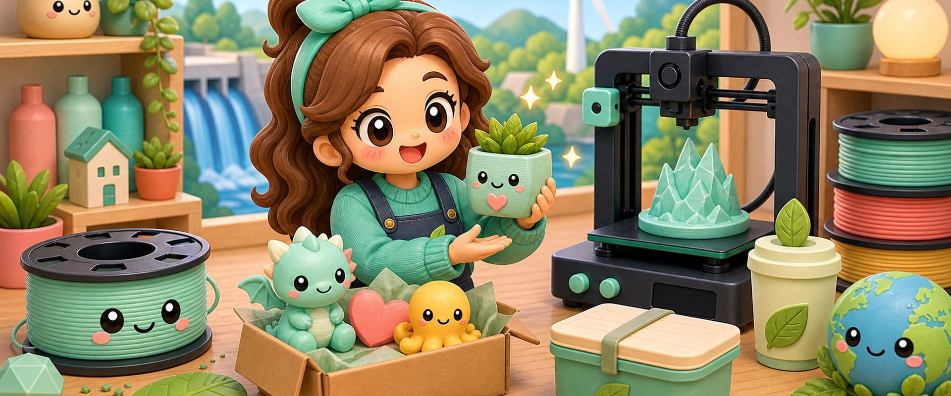 Cartoon kawaii illustration of lower-waste 3D printed gifts and clean maker production.