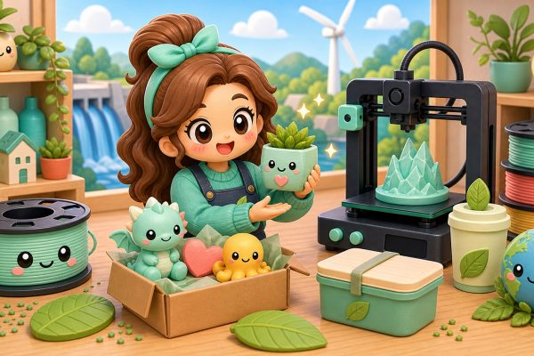 Cartoon kawaii illustration of lower-waste 3D printed gifts and clean maker production.