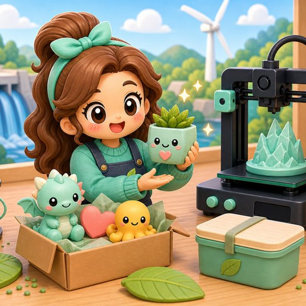 Cartoon kawaii illustration of lower-waste 3D printed gifts and clean maker production.