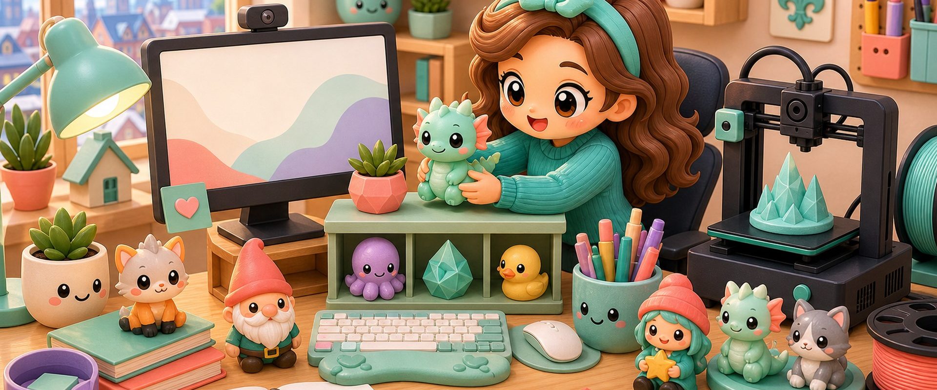 Cartoon kawaii illustration of 3D printed collectibles styled around an office desk.